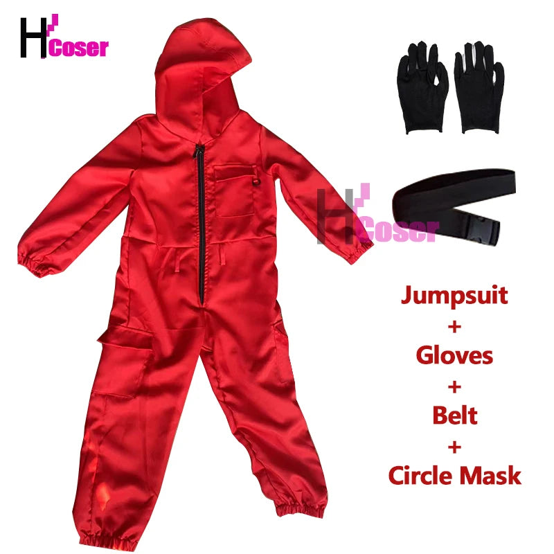 TV Calamari Game Guard Cosplay Costume Red Jumpsuit Outfit Adult Teenagers Tracksuit Hooded Overall Belt Gloves Mask Set Hallowe
