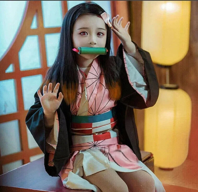 Anime Kimetsu No Yaiba Kamado Nezuko Cosplay Costume Kimono Demon Slayer Cosplay Wigs Hairs Halloween Carnival Women Outfit