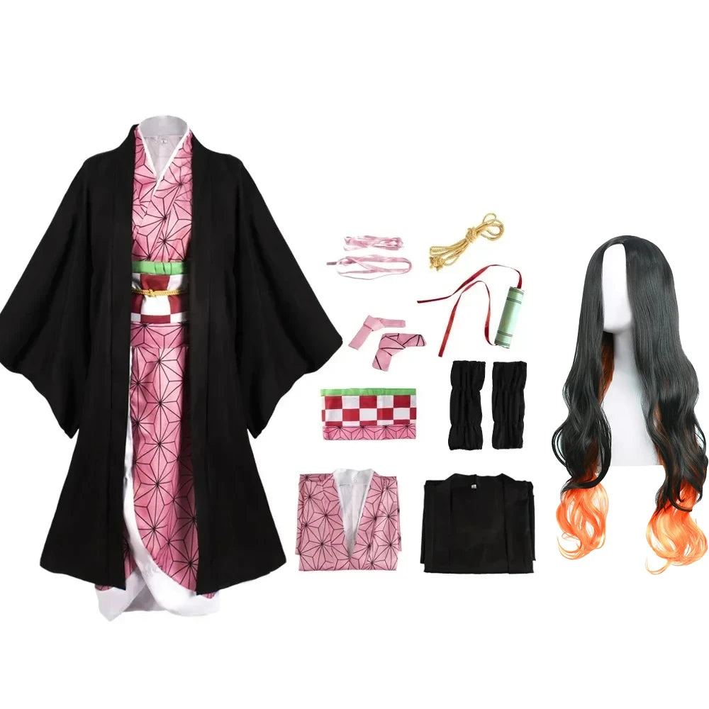 Anime Kimetsu No Yaiba Kamado Nezuko Cosplay Costume Kimono Demon Slayer Cosplay Wigs Hairs Halloween Carnival Women Outfit