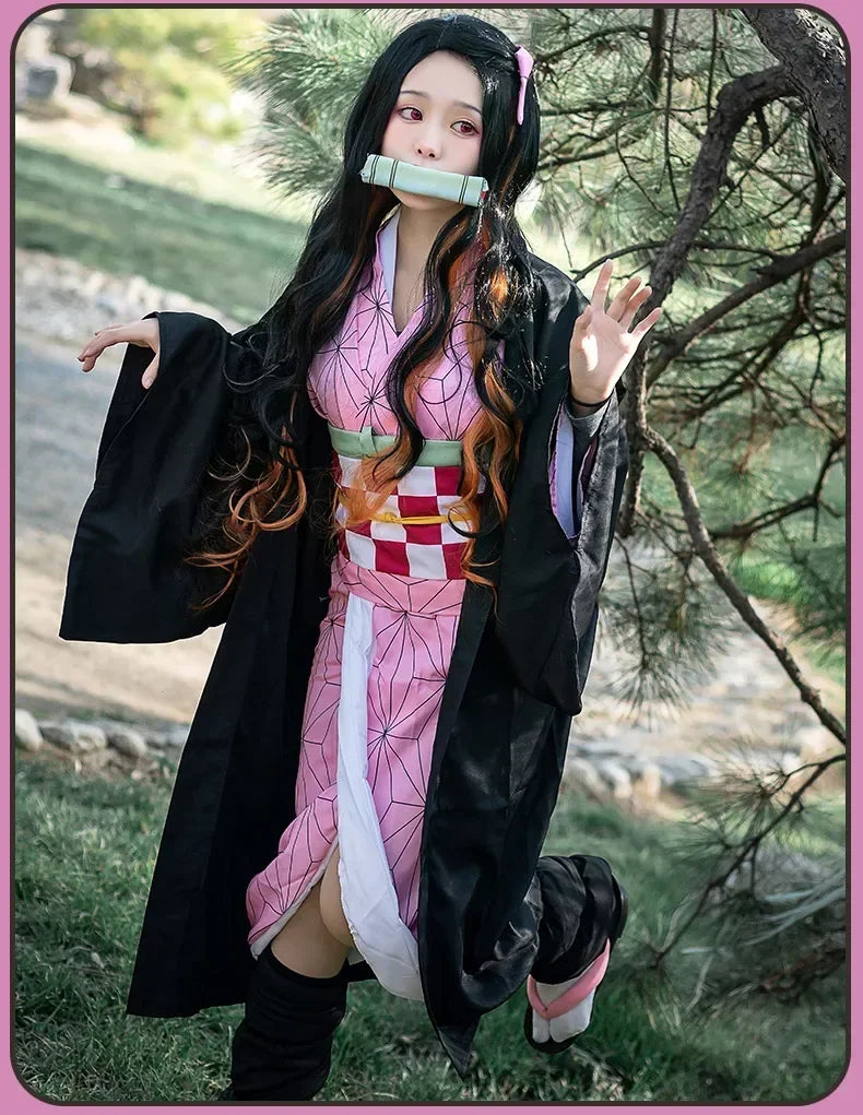 Anime Kimetsu No Yaiba Kamado Nezuko Cosplay Costume Kimono Demon Slayer Cosplay Wigs Hairs Halloween Carnival Women Outfit