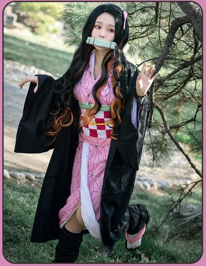 Anime Kimetsu No Yaiba Kamado Nezuko Cosplay Costume Kimono Demon Slayer Cosplay Wigs Hairs Halloween Carnival Women Outfit