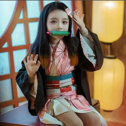 Anime Kimetsu No Yaiba Kamado Nezuko Cosplay Costume Kimono Demon Slayer Cosplay Wigs Hairs Halloween Carnival Women Outfit