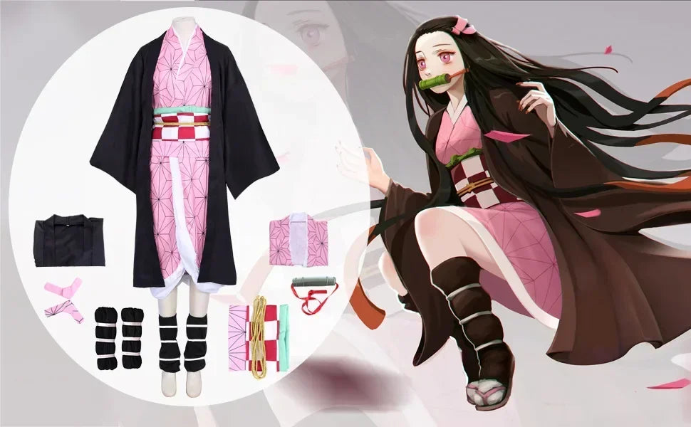 Anime Kimetsu No Yaiba Kamado Nezuko Cosplay Costume Kimono Demon Slayer Cosplay Wigs Hairs Halloween Carnival Women Outfit