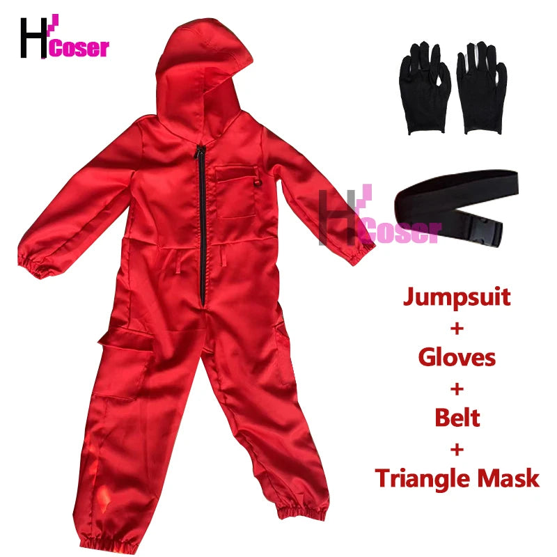 TV Calamari Game Guard Cosplay Costume Red Jumpsuit Outfit Adult Teenagers Tracksuit Hooded Overall Belt Gloves Mask Set Hallowe