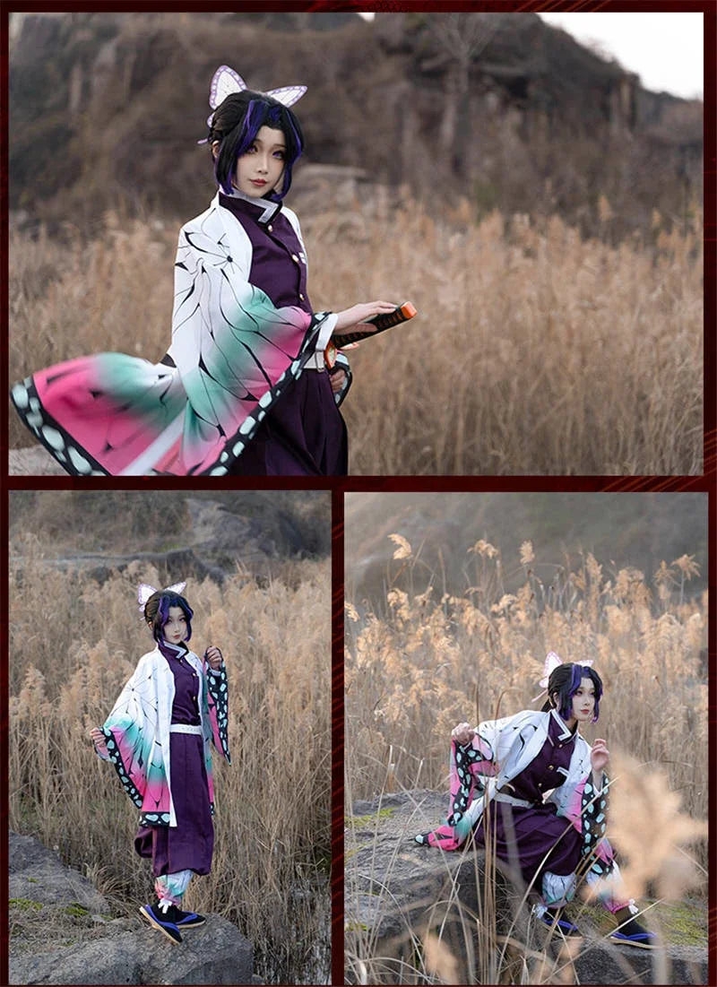 Anime Demon Slayer Kimetsu Geen Yaiba Kochou Shinobu Cosplay Kostuum Pruik Set Kimono Uniform Halloween Anime Kostuums Voor Kid