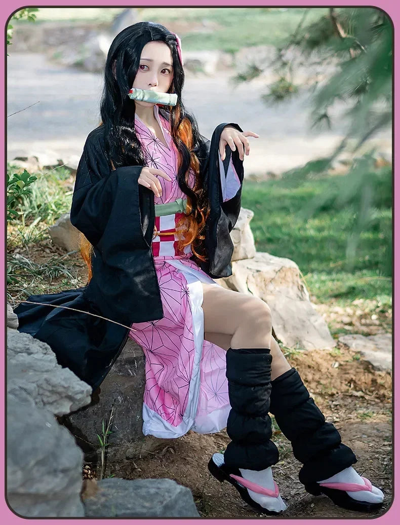 Anime Kimetsu No Yaiba Kamado Nezuko Cosplay Costume Kimono Demon Slayer Cosplay Wigs Hairs Halloween Carnival Women Outfit