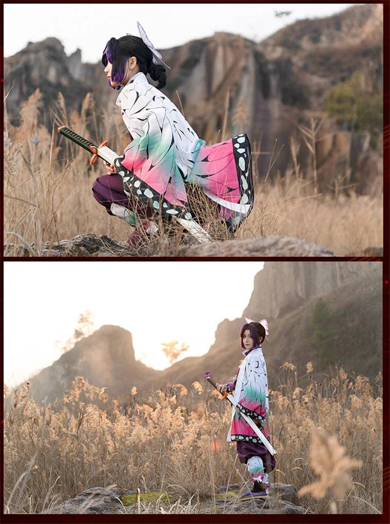 Anime Demon Slayer Kimetsu Geen Yaiba Kochou Shinobu Cosplay Kostuum Pruik Set Kimono Uniform Halloween Anime Kostuums Voor Kid