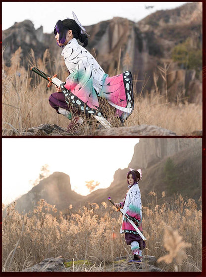 Anime Demon Slayer Kimetsu Geen Yaiba Kochou Shinobu Cosplay Kostuum Pruik Set Kimono Uniform Halloween Anime Kostuums Voor Kid