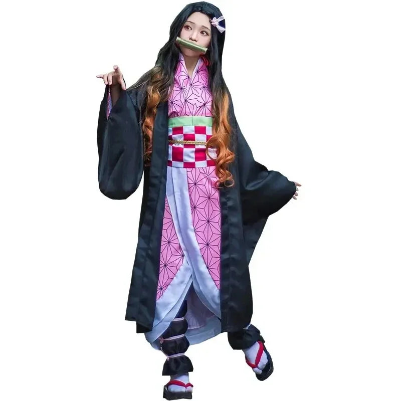 Anime Kimetsu No Yaiba Kamado Nezuko Cosplay Costume Kimono Demon Slayer Cosplay Wigs Hairs Halloween Carnival Women Outfit
