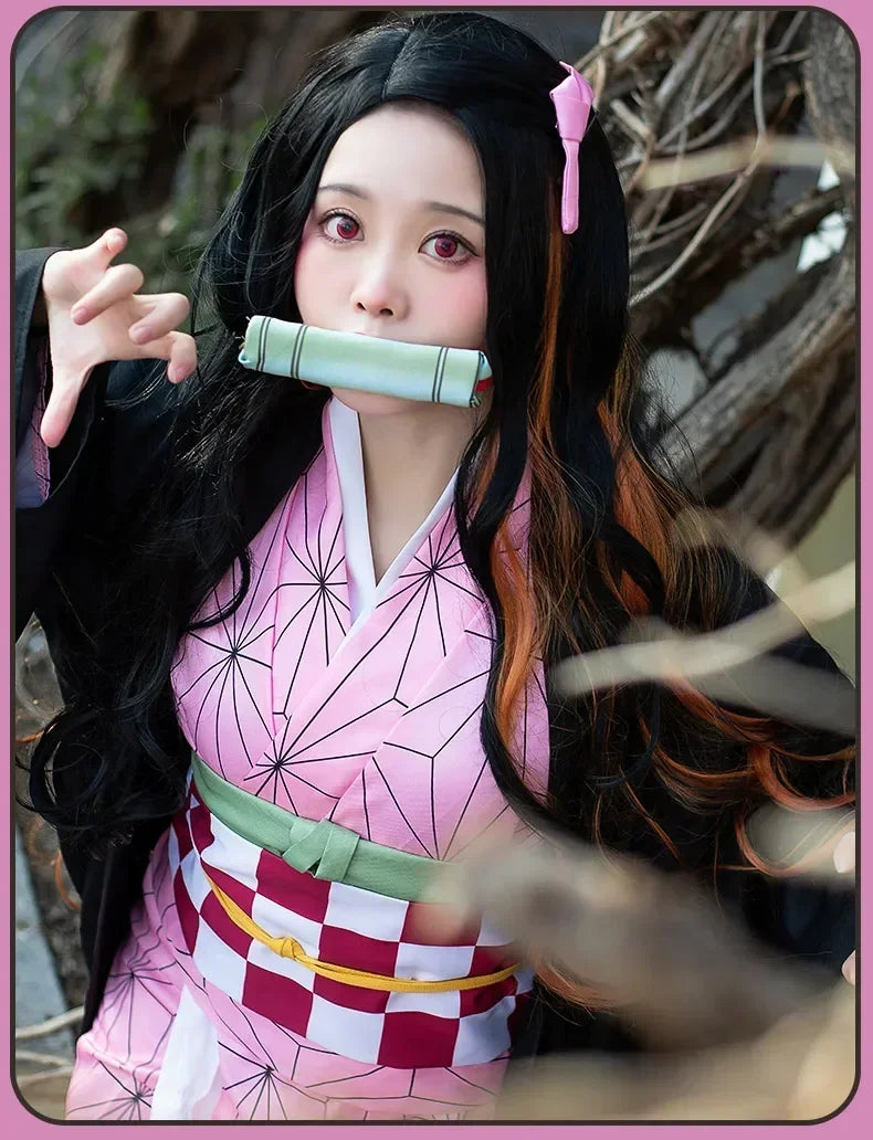Anime Kimetsu No Yaiba Kamado Nezuko Cosplay Costume Kimono Demon Slayer Cosplay Wigs Hairs Halloween Carnival Women Outfit